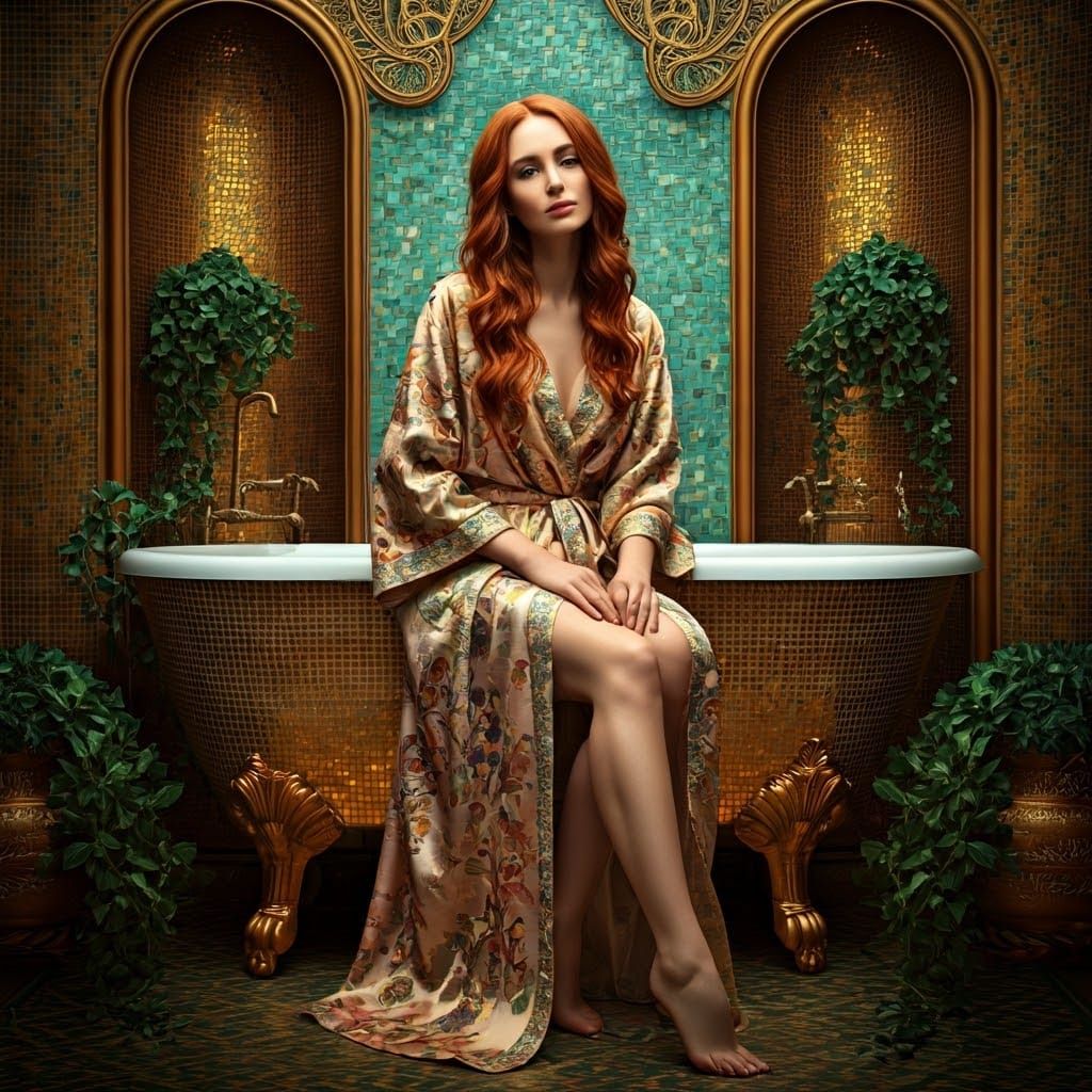 Elegant Woman Soaks in Opulent Gold and Turquoise Bath Scene