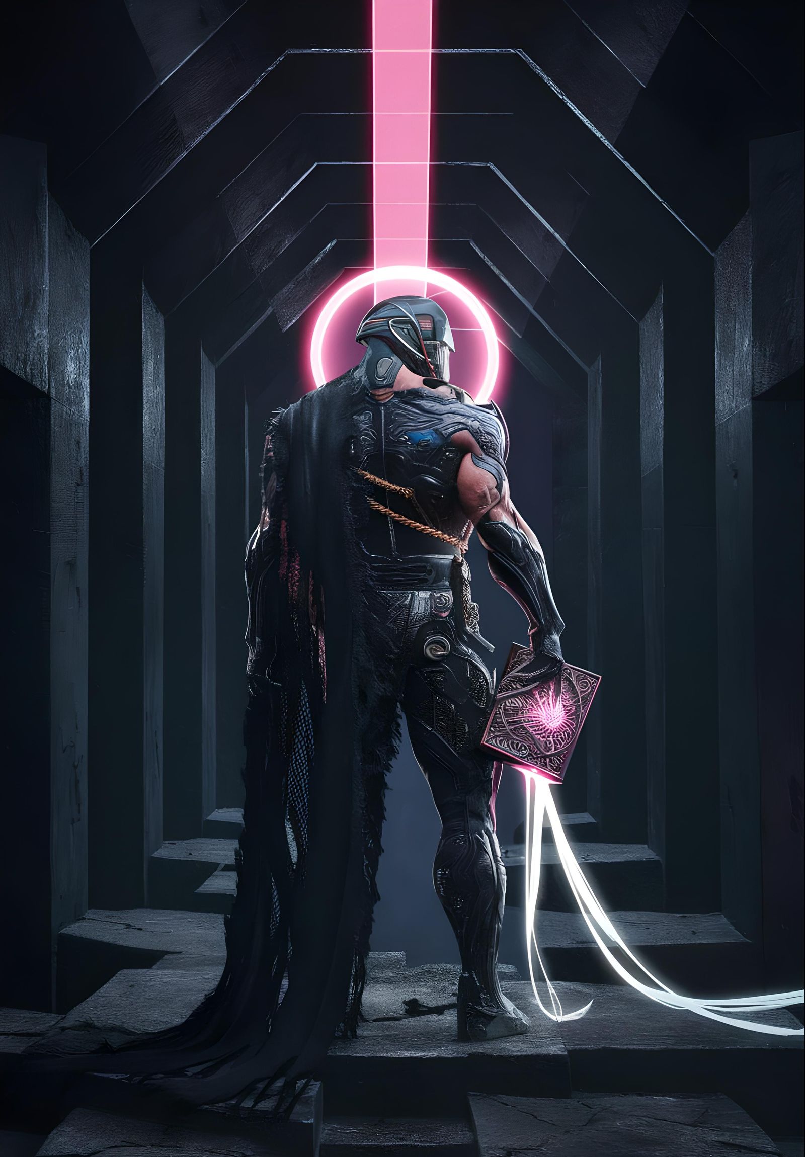 Neo-Roman Warrior in Futuristic Dystopian Hallway