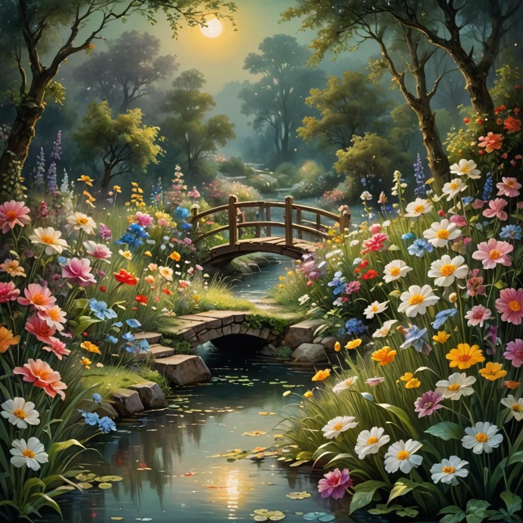 Moonlit Flower Garden Painting in Romantic Realism Style