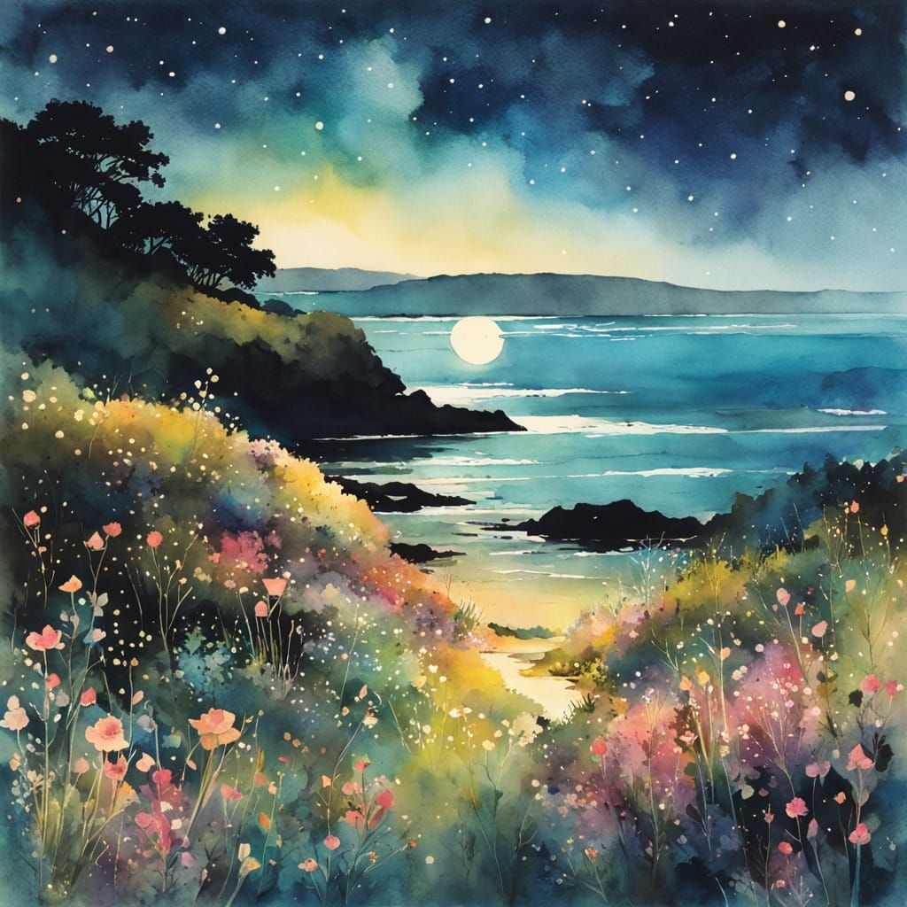 Starry Night Seashore in Watercolor and Ink