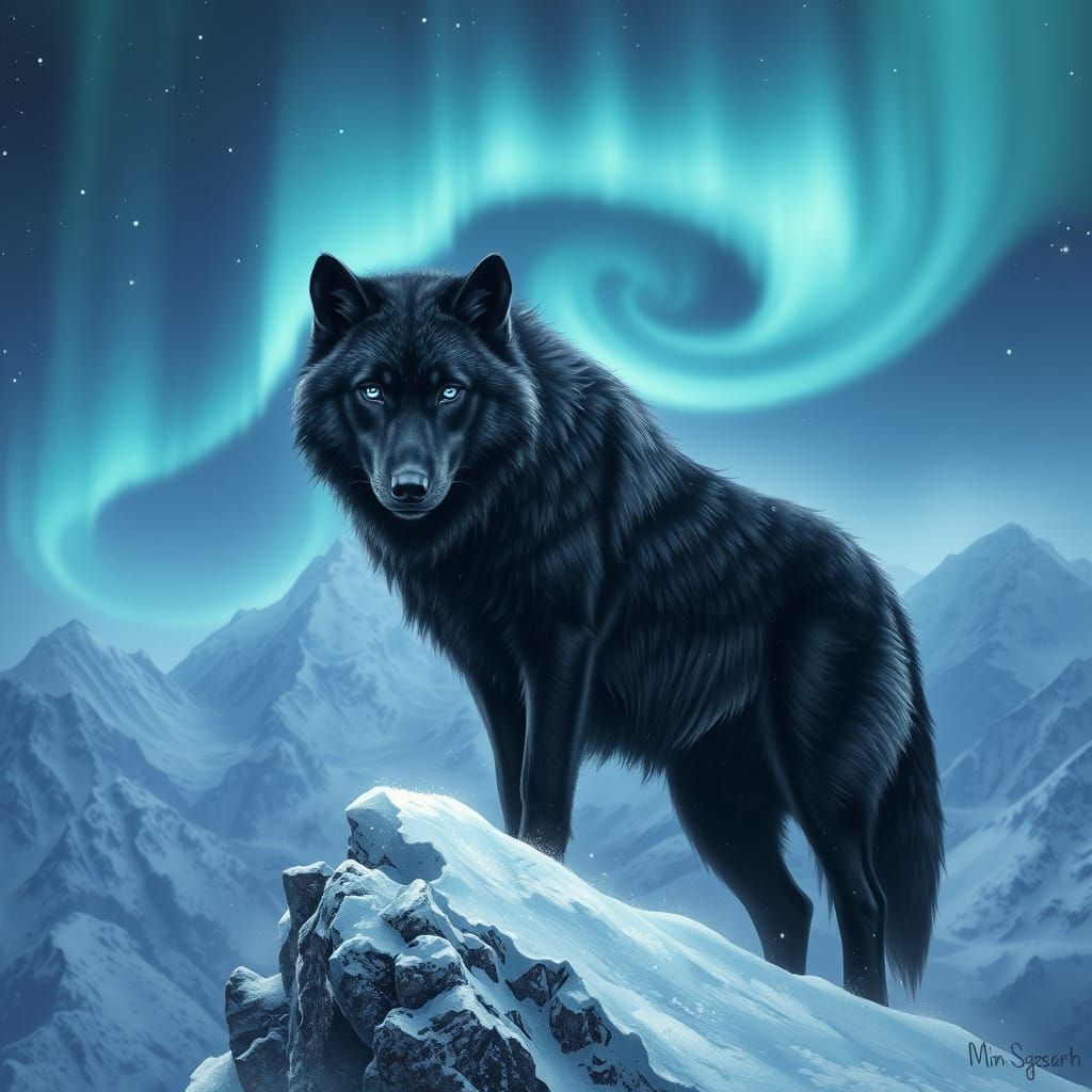 Black Wolf Gazing at Aurora Borealis