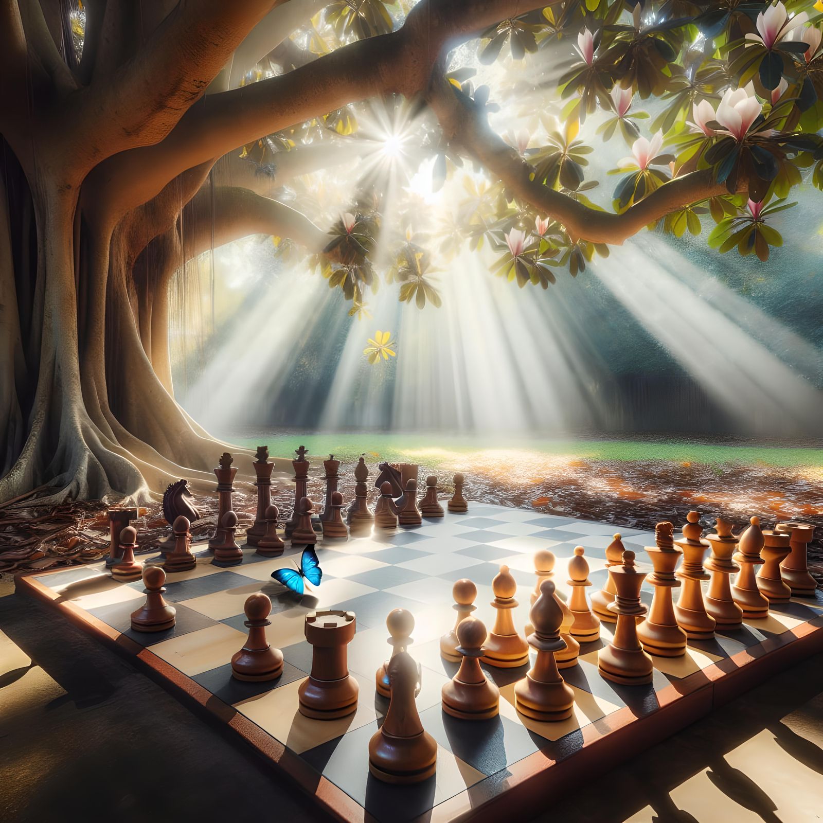 Chess Game Under Magnolia Tree with Butterfly