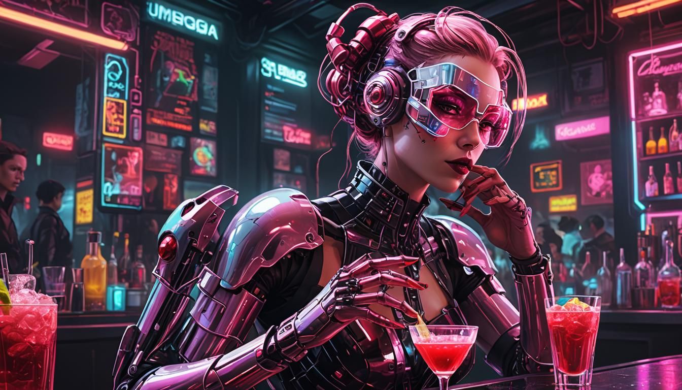 Glass Cyborg Lady Drinks in Neon Cyberpunk Club