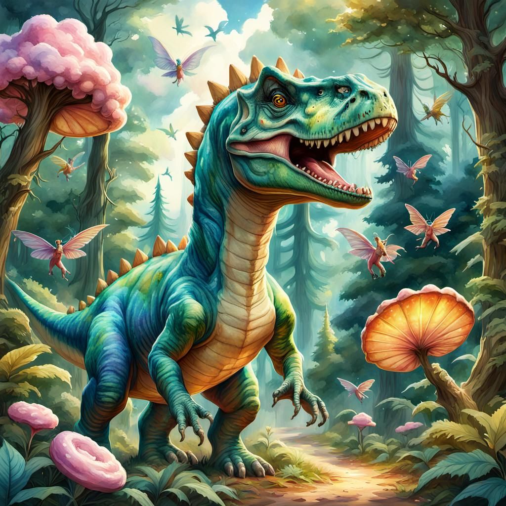 Dinosaur and Fairies in Whimsical Watercolor Forest
