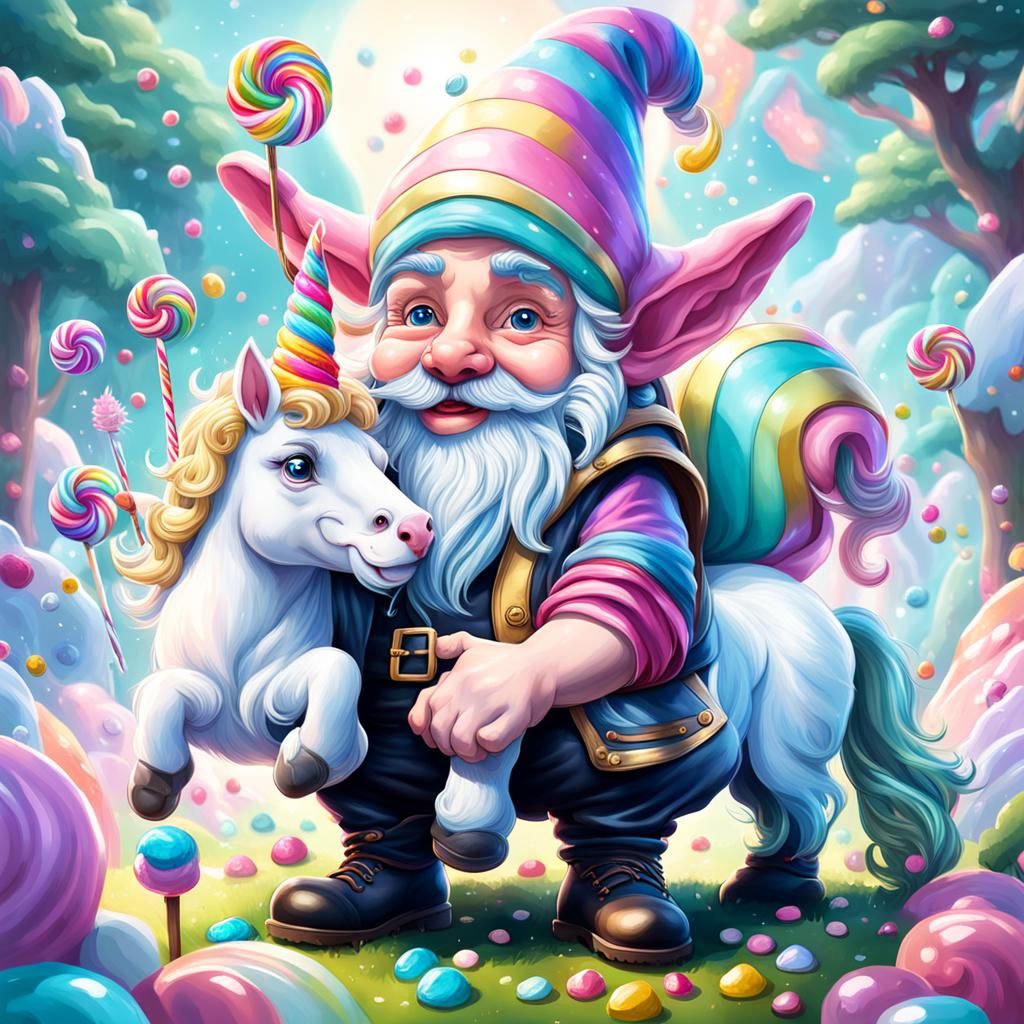 Gnome and Unicorn in Candy Art Style