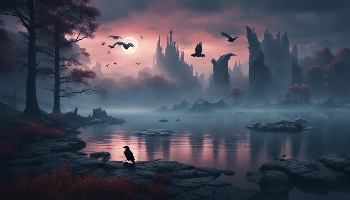 Misty Lake with Ravens: Fantasy Concept Art