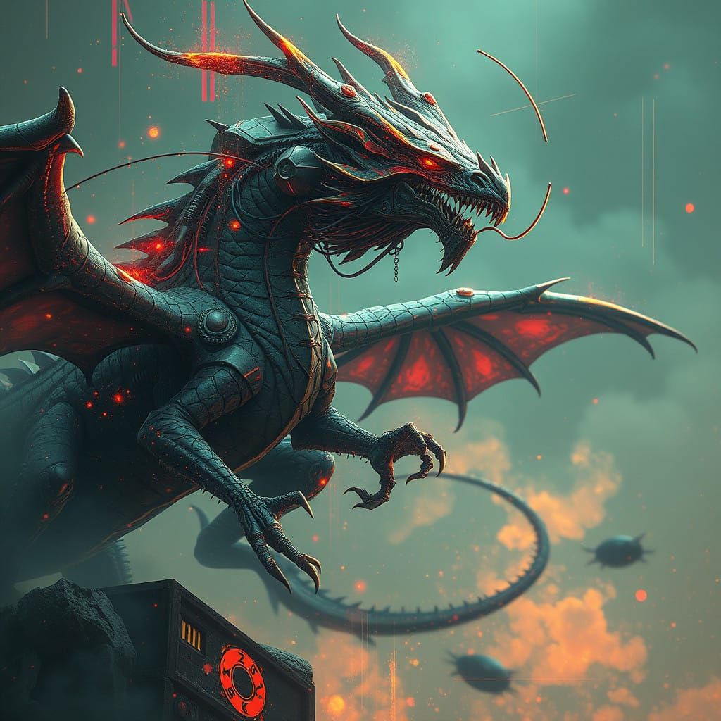 Cyberorganic Cyberpunk Dragon in Digital Decay