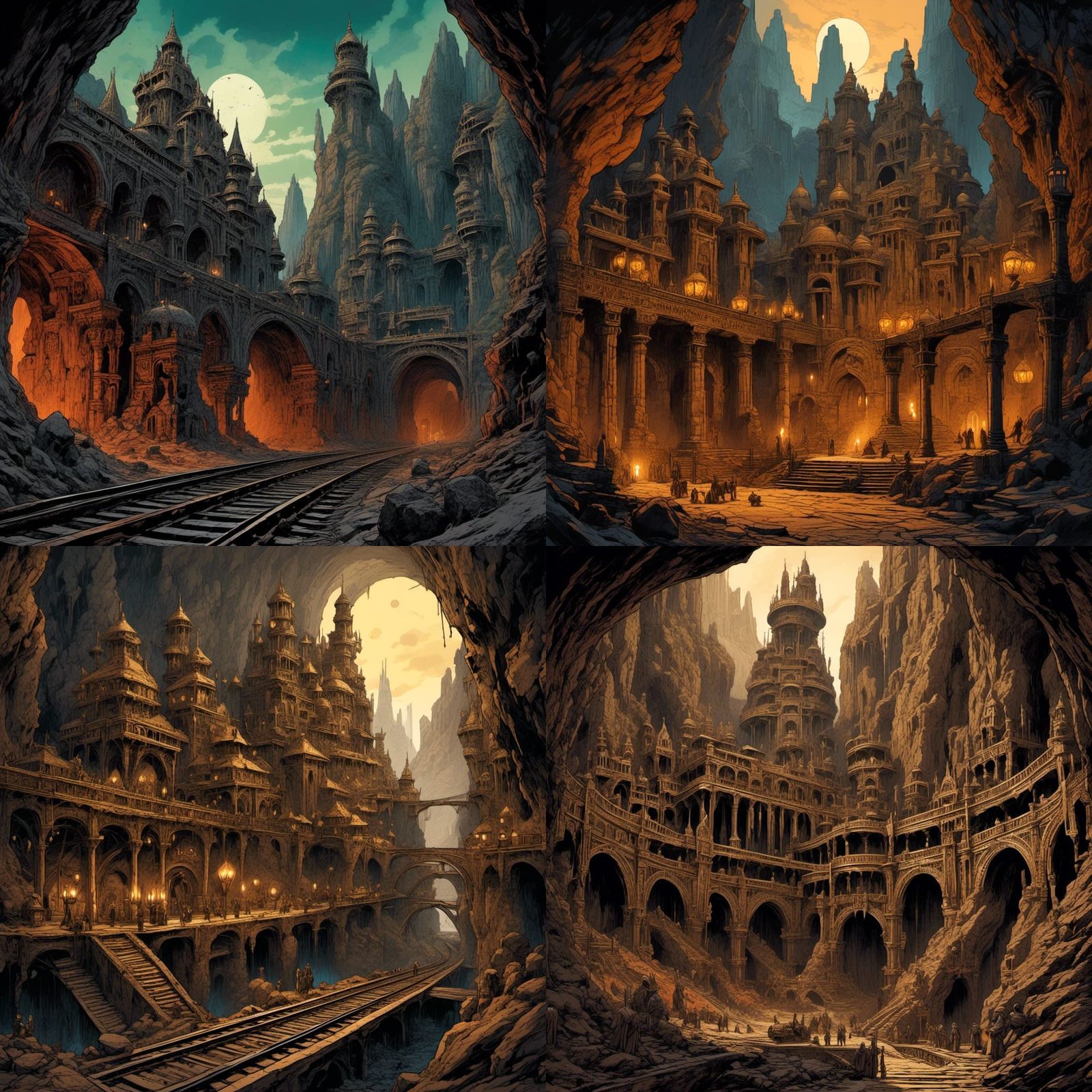 Dark Fantasy Cityscape in Underground Cavern