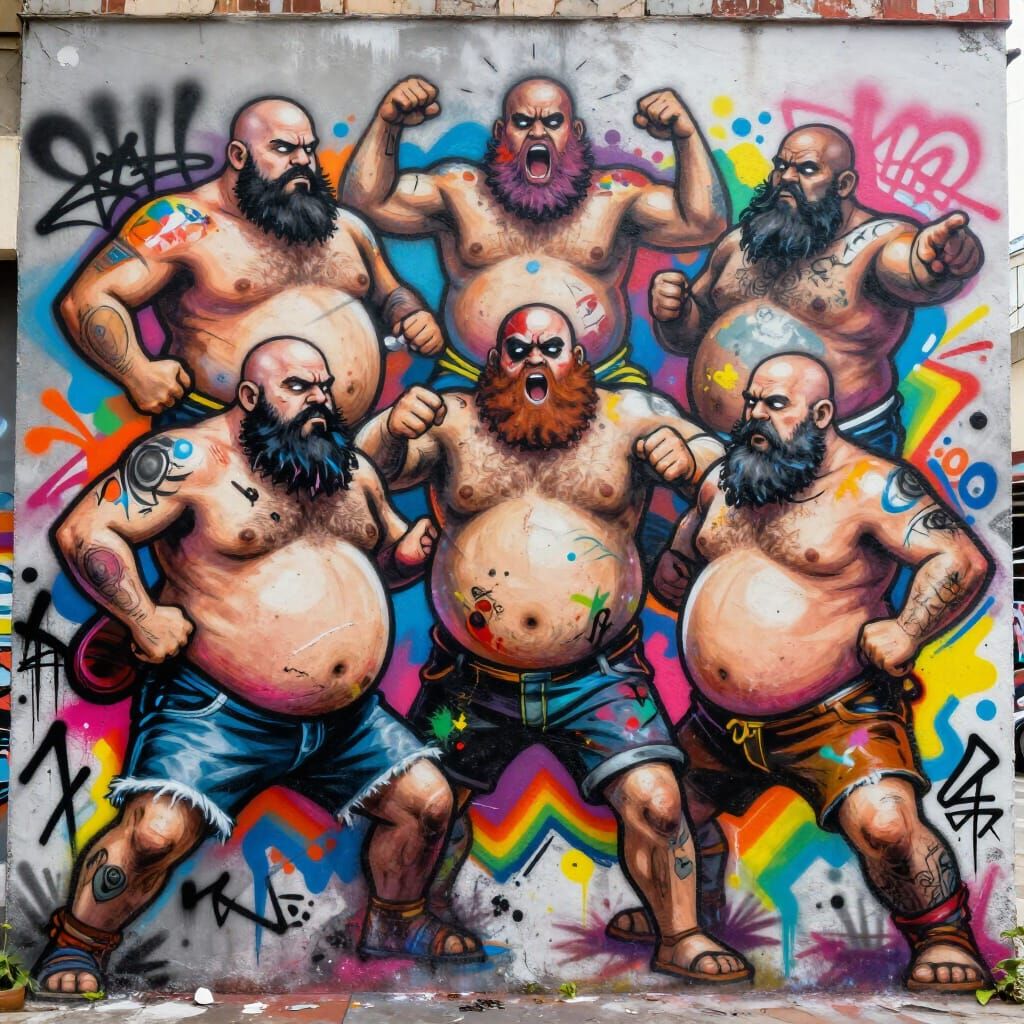 Graffiti Mural of Confrontational Bearded Men