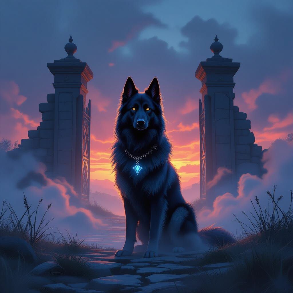 Mystical Belgian Shepherd Guards Ancient Gateway in Ethereal...