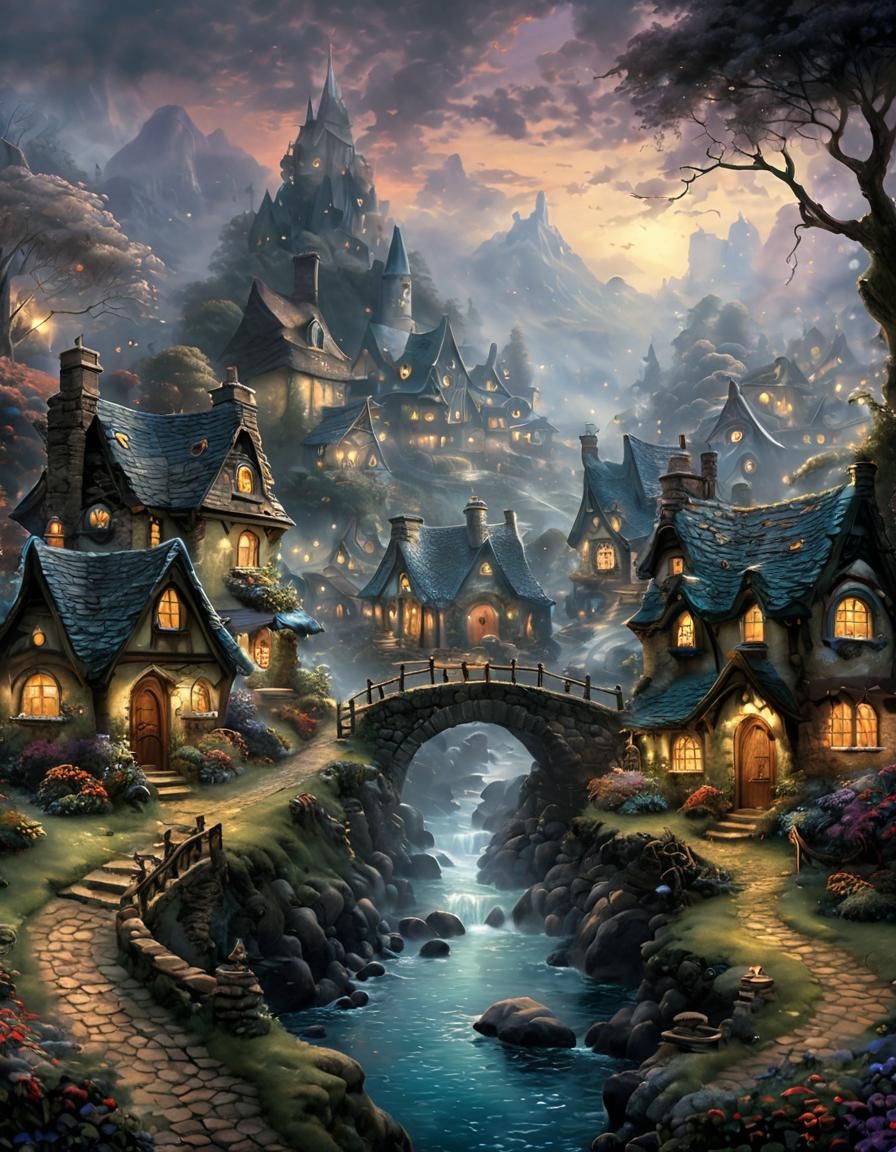 Ethereal Dark Fairy Village in Dreamlike Fantasy