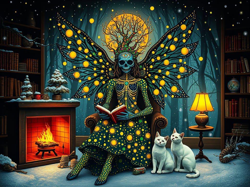 Surreal Angel of Death in Vibrant Dots Landscape