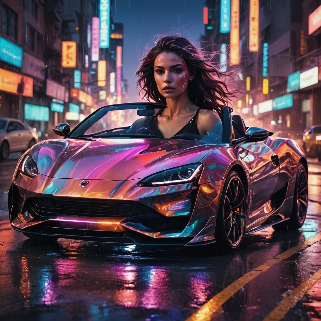 Surreal Futuristic Woman Drives Neon Convertible at Dusk