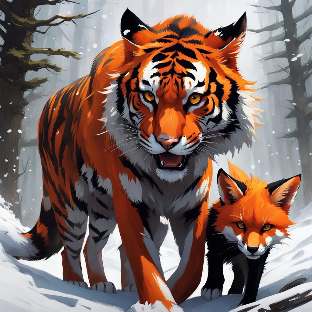 Playful Tiger Cub and Intimidating Red Fox