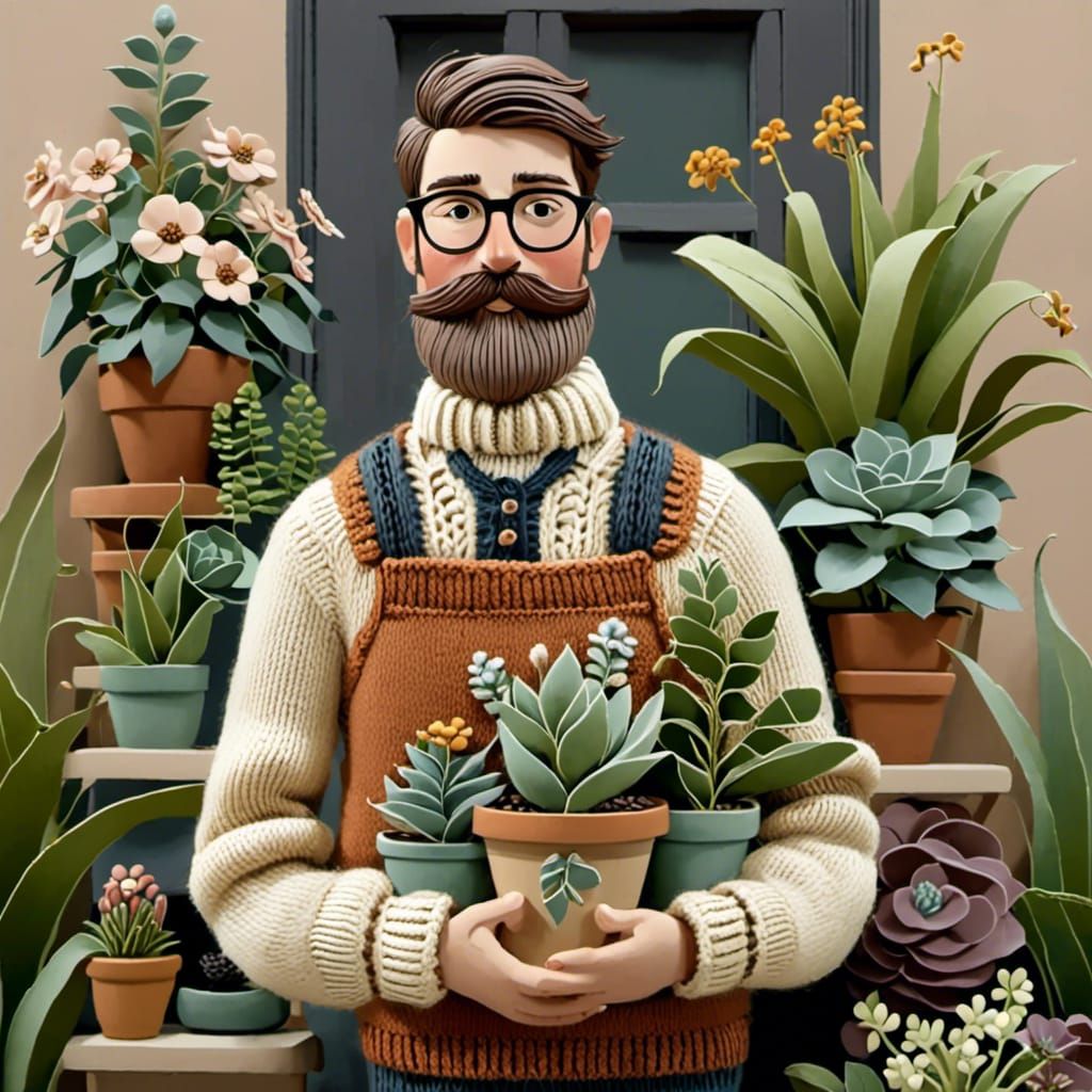 Man Holding Plant in Folk Art Style