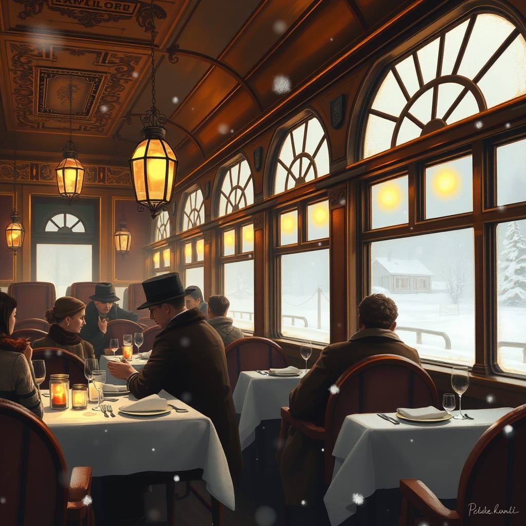 Vintage Train Dining Car Interior in Gentle Snowfall