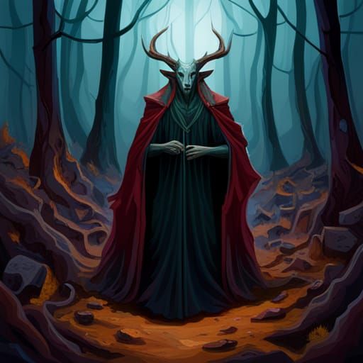 Gothic Demon with Deer Skull in Decaying Forest