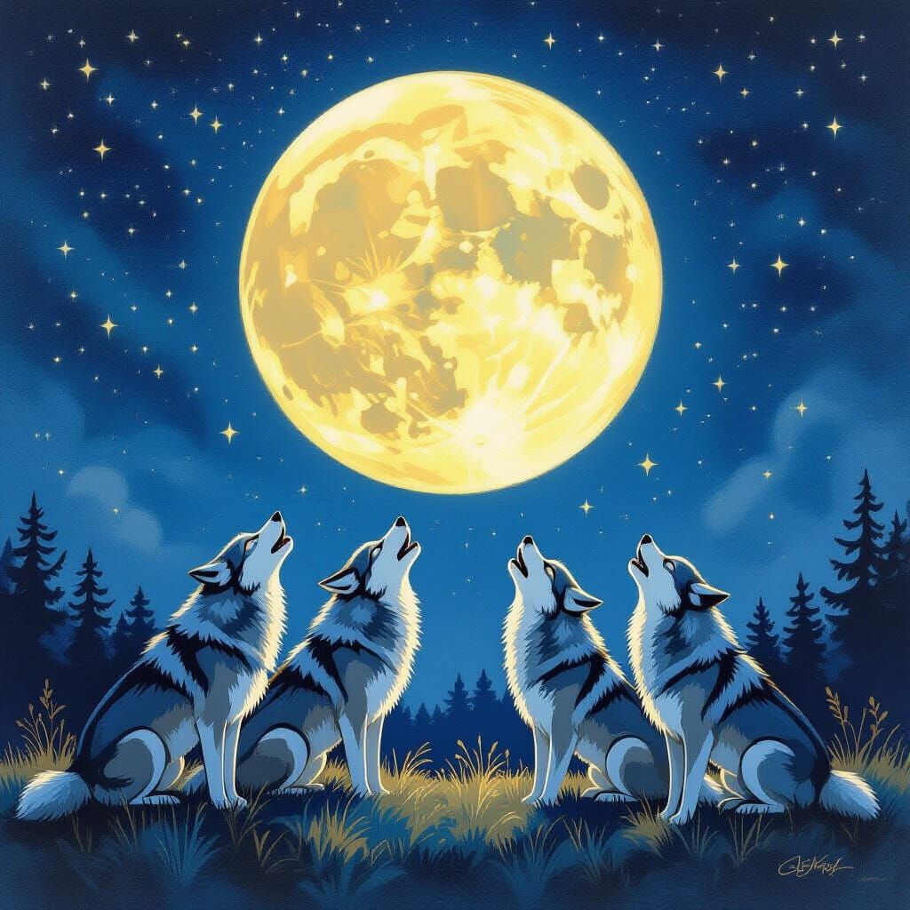 Friendly Wolves Howling at Luminous Moon in Gouache Style