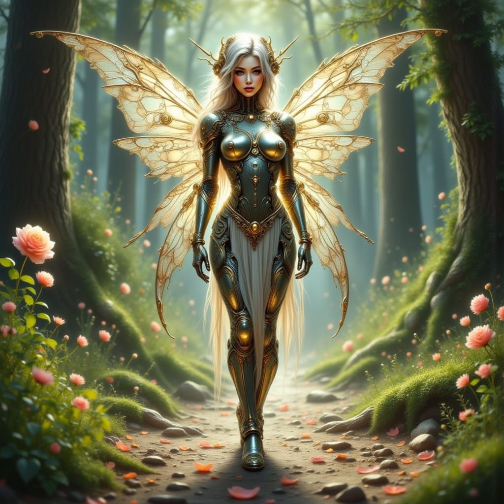 Elf Cyborg Robot with Floral Metal Body in Anime Style