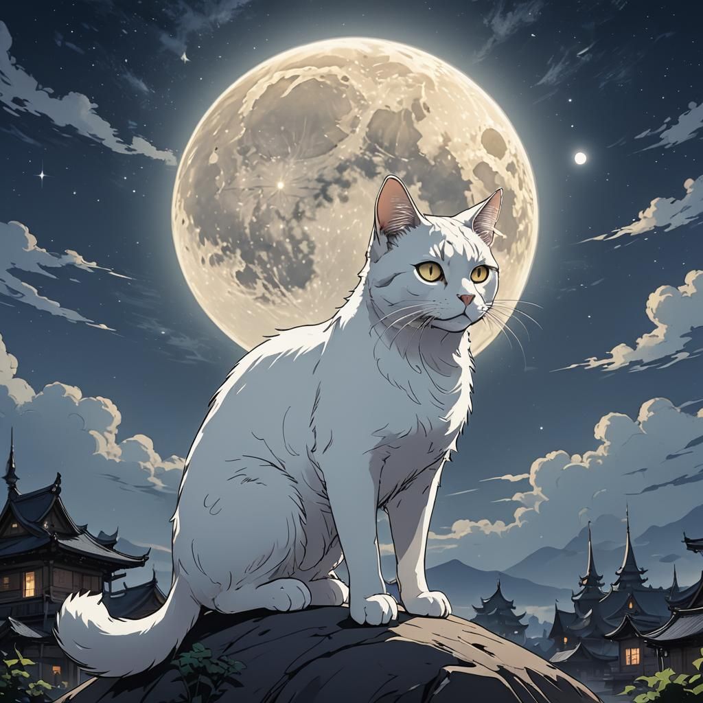 Ghost Cat Silhouetted Against Moon, Anime Style