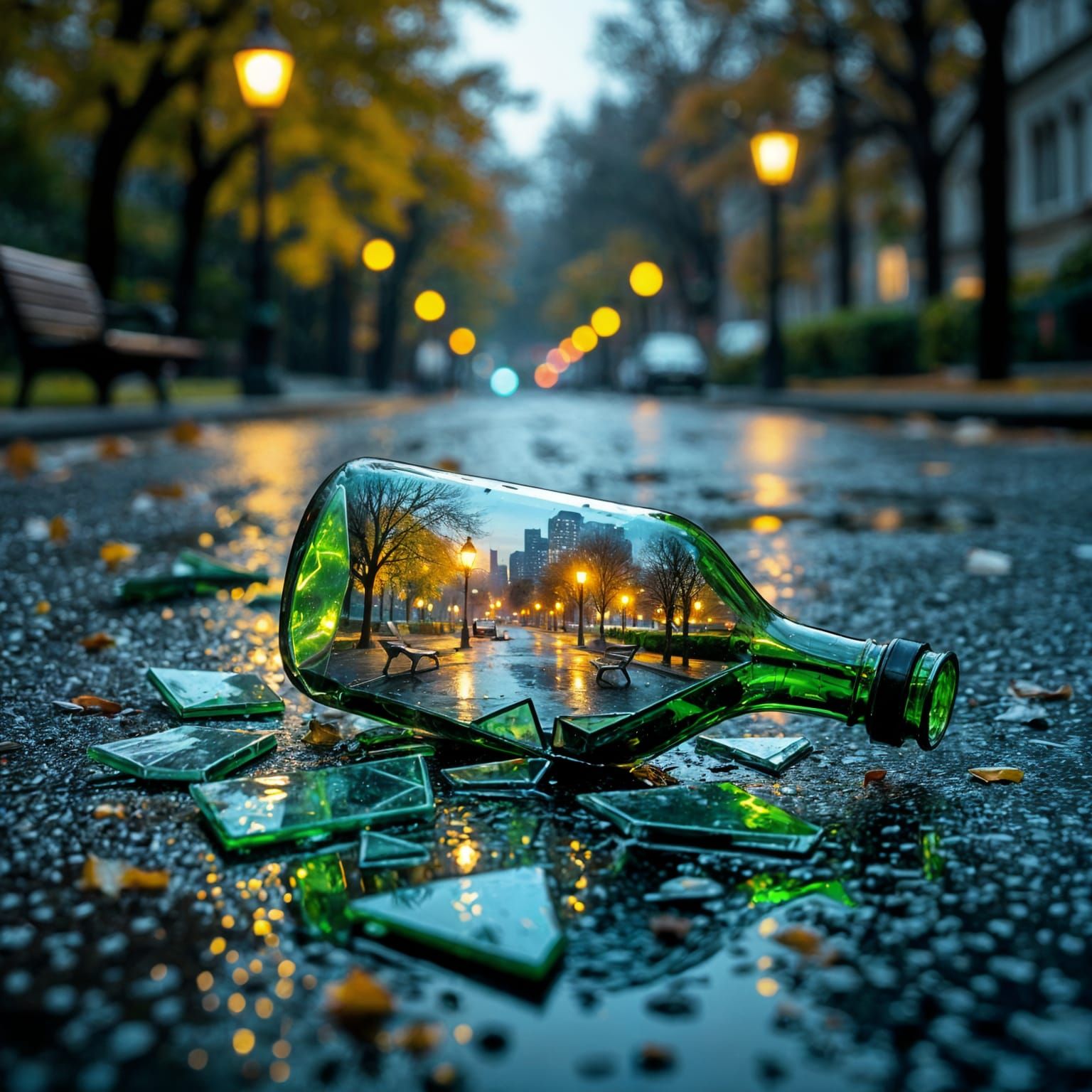 Surreal Autumn Scene on Broken Glass Shards
