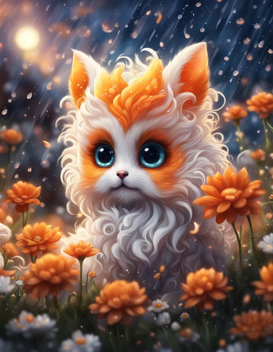 Fluffy Fantasy Creature in Flower Rain
