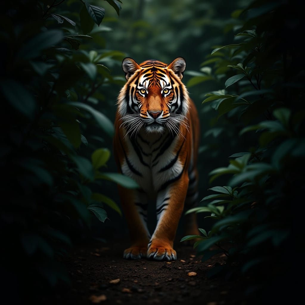 Surreal Realistic Tiger Emerges from Jungle Shadows in Inten...