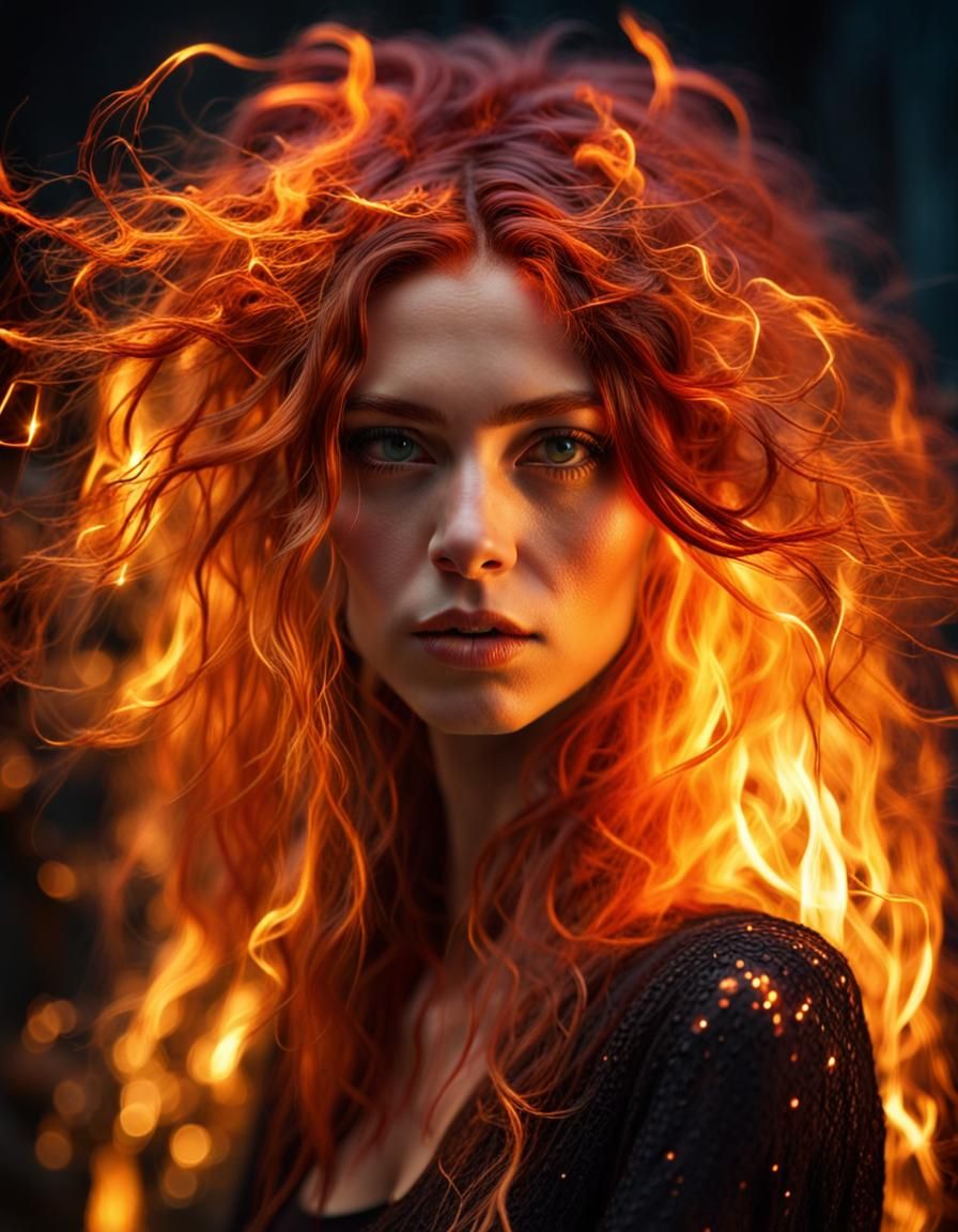 Fiery Portrait of a Woman with Flame Hair