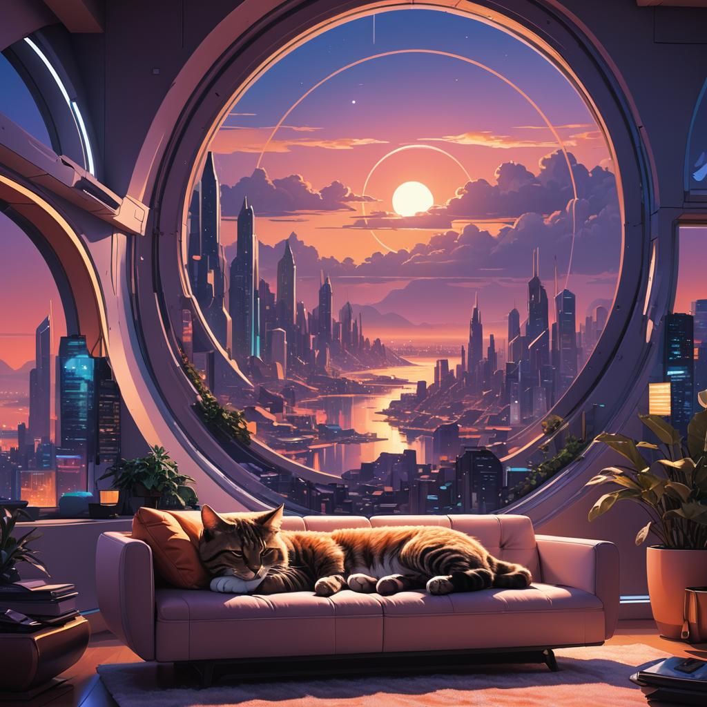 Cute Cat Sleeping in Futuristic Modern Room