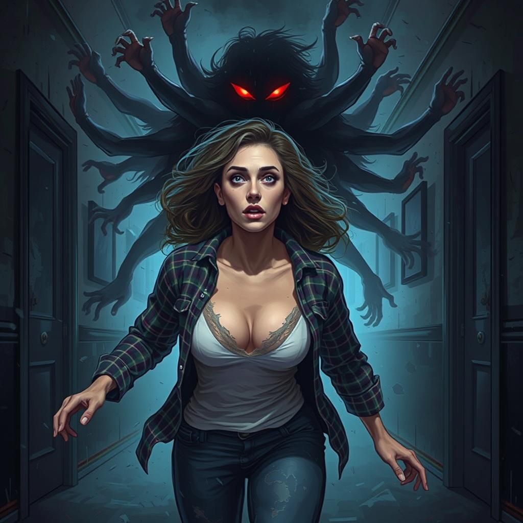 Woman Running from Shadowy Horror in Digital Art