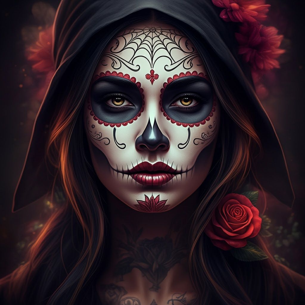 Chicana Payasa Portrait with Dia de los Muertos Motifs