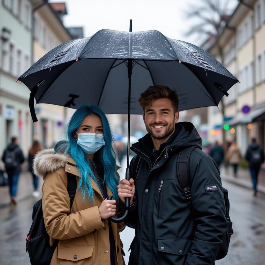 Rainy School Day: Elena and Luca Share Umbrella