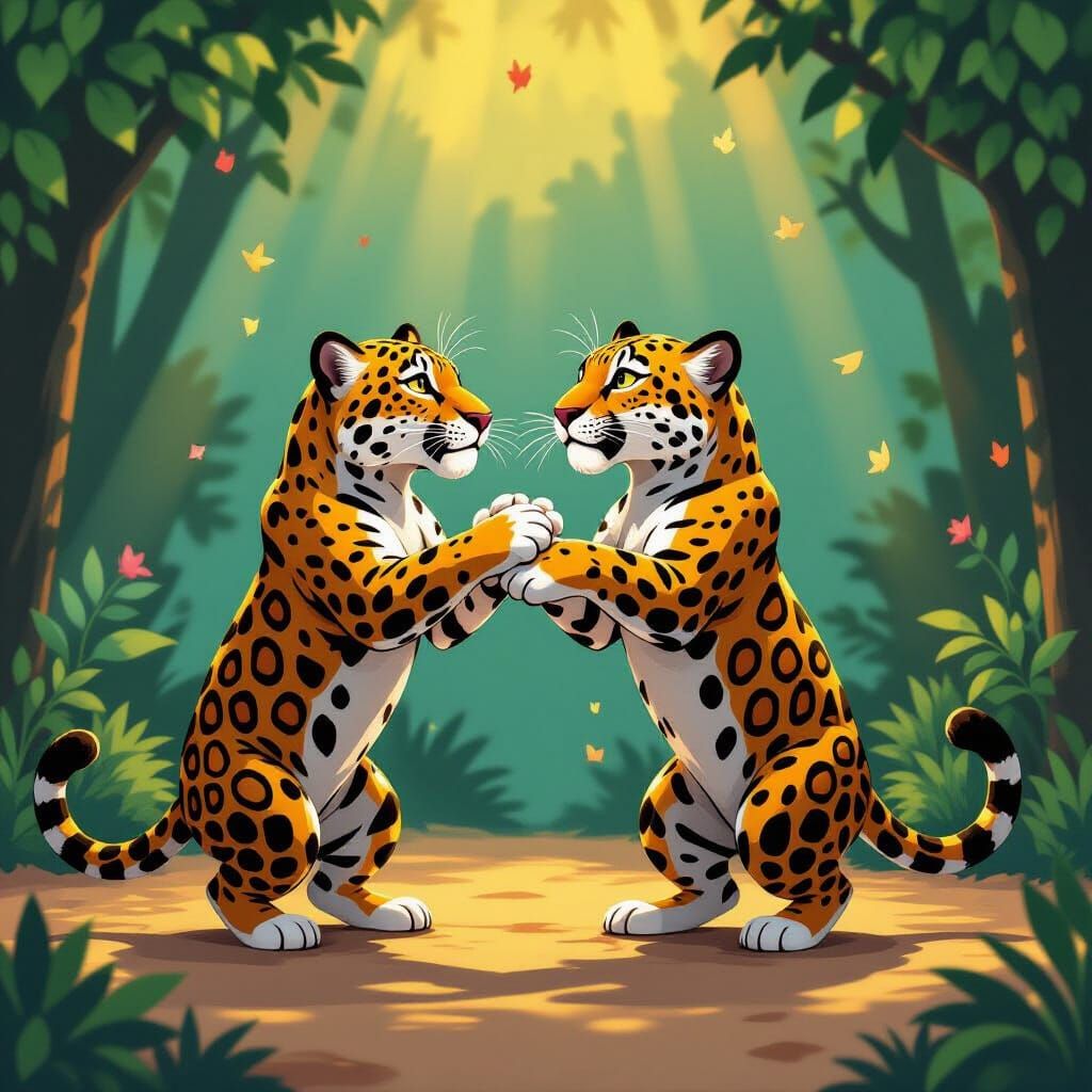 Whimsical Jaguars Dance in Dynamic Light, Wes Anderson Style
