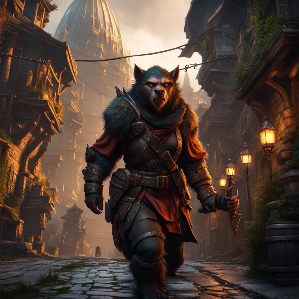 Bugbear Rogue Sneaking into City: Detailed Matte Painting