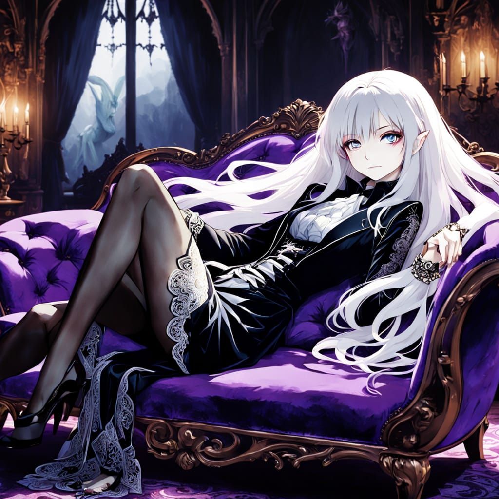 Anime Vampire Woman in Gothic Living Room