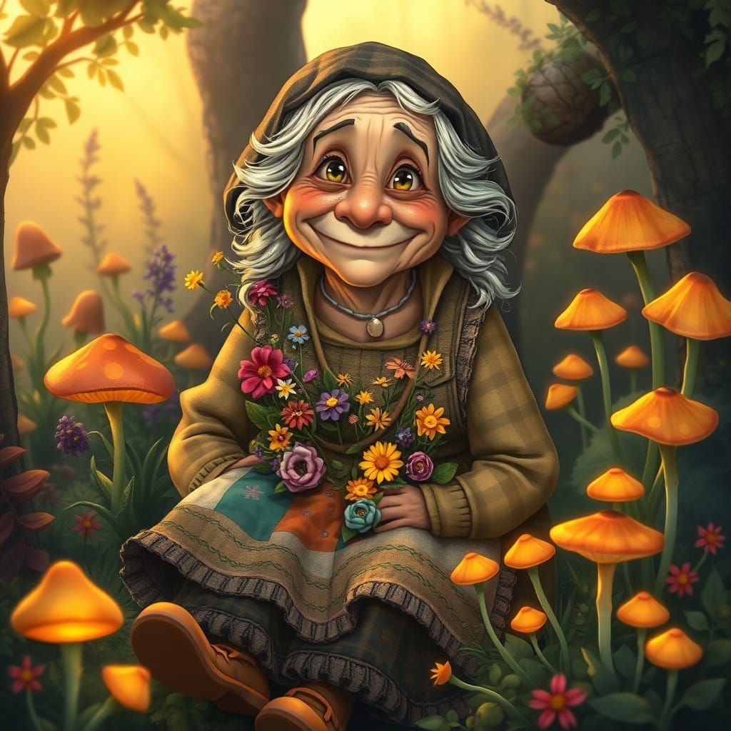 Whimsical Old Woman in Magical Garden