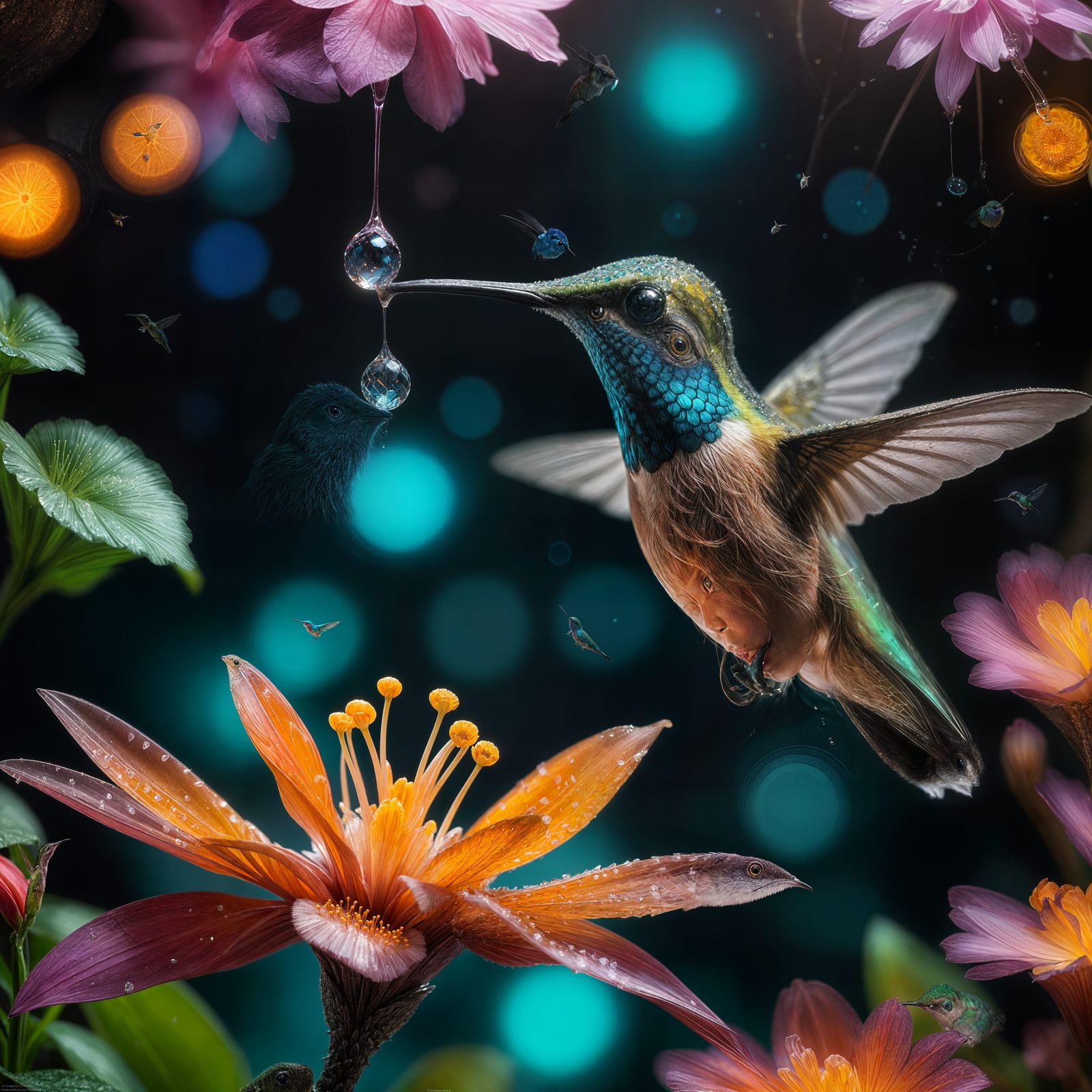 Bioluminescent Hummingbird in Crystal Cave: Hyperrealism