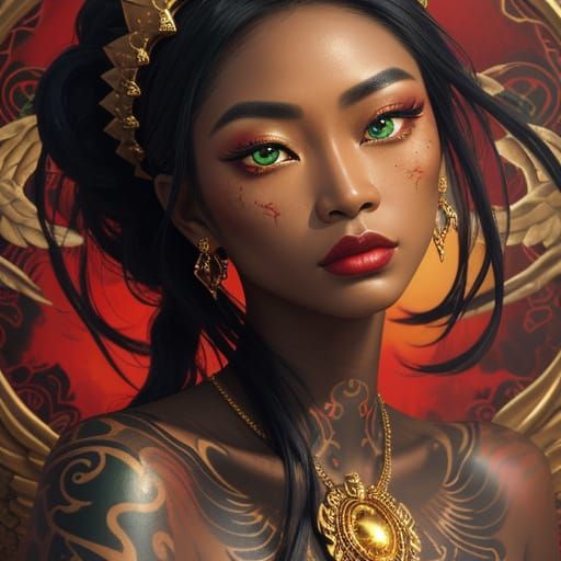 Asian Woman in Red & Gold Dress, Vivid Oil Painting