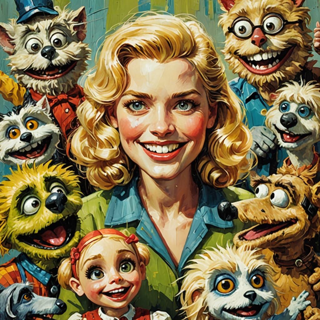 Charming Retro Painting of Friends and Puppet Pals