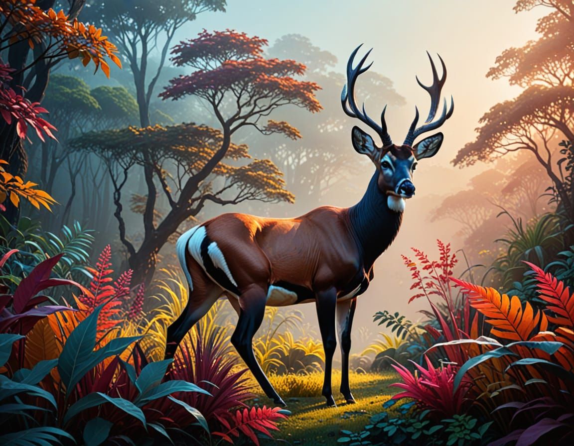 Majestic buck emerges from a vivid jungle fantasy