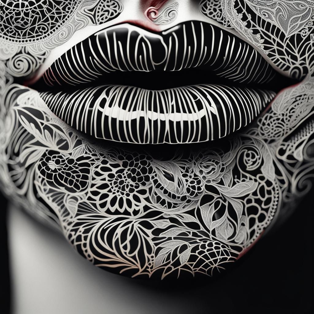 Intricate Red and Black Lip Art with Rose