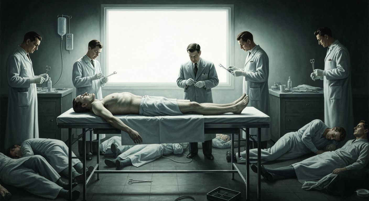 Noir Oil Painting of Man Paralyzed in Autopsy Room