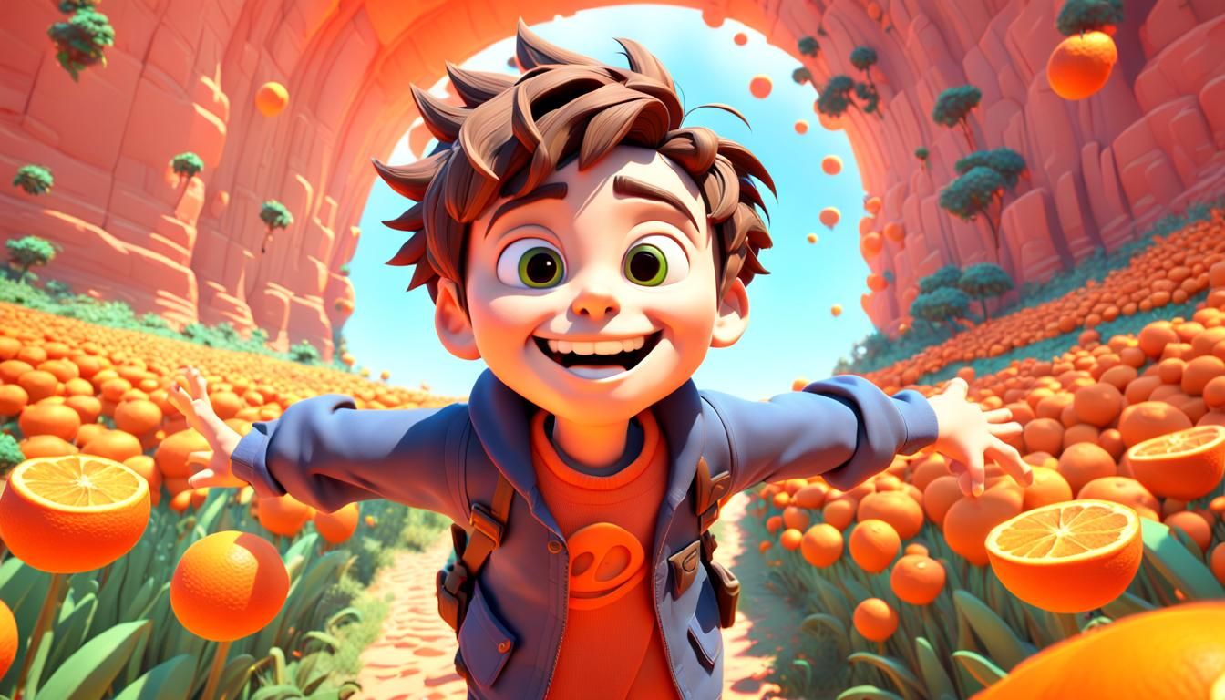 Boy's Orange Land Adventure: 3D Digital Art