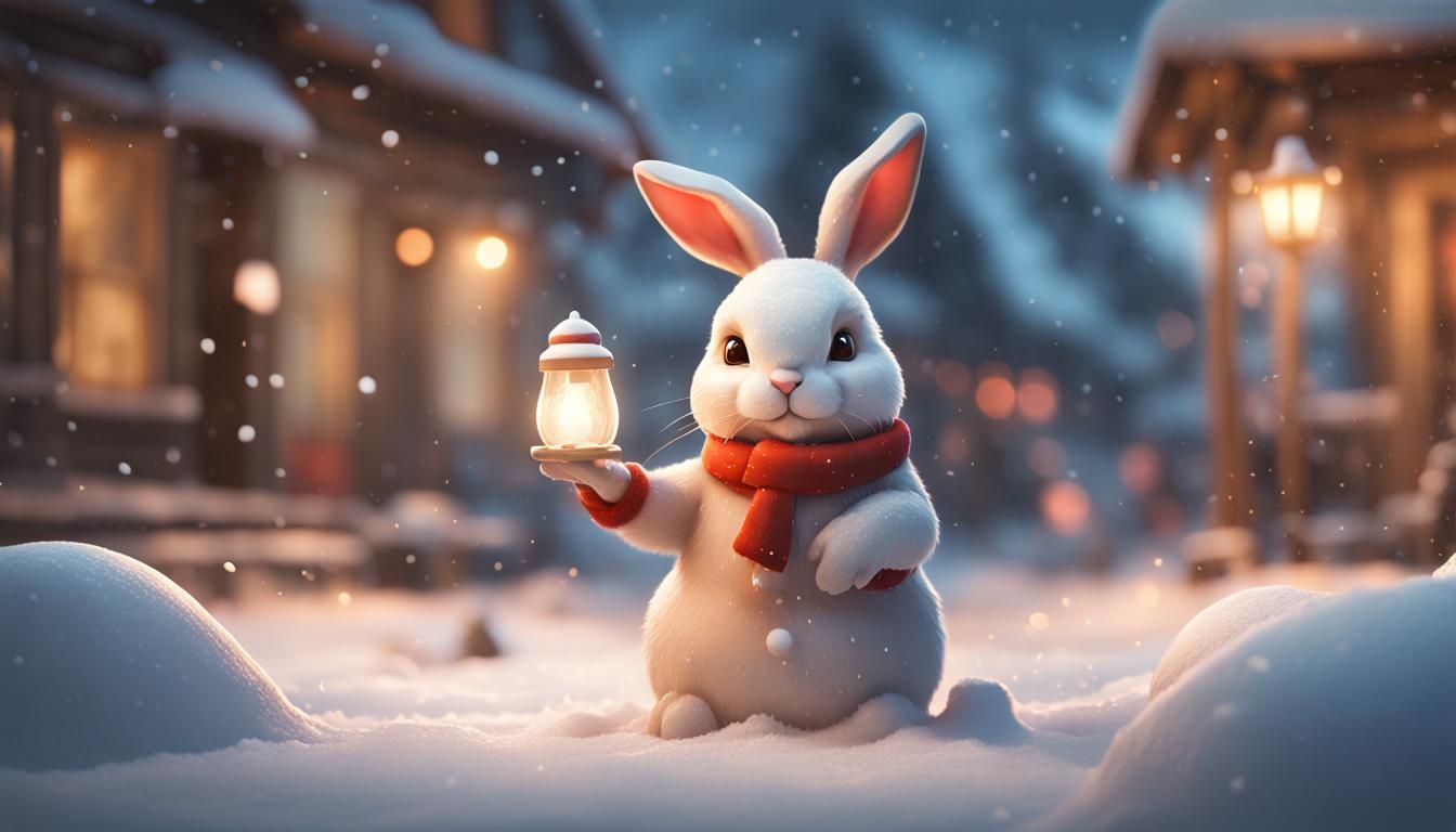 Festive Rabbit Builds Snowman: Christmas Concept Art