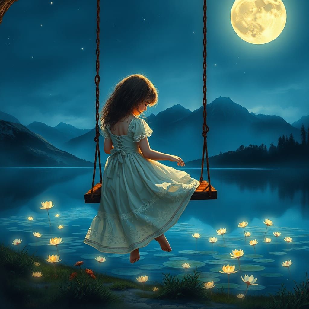Girl on Swing Overlooking Fairy Lake in Oil Painting Style