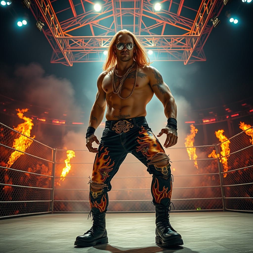 Cyberpunk Wrestler in Neon Steel Cage