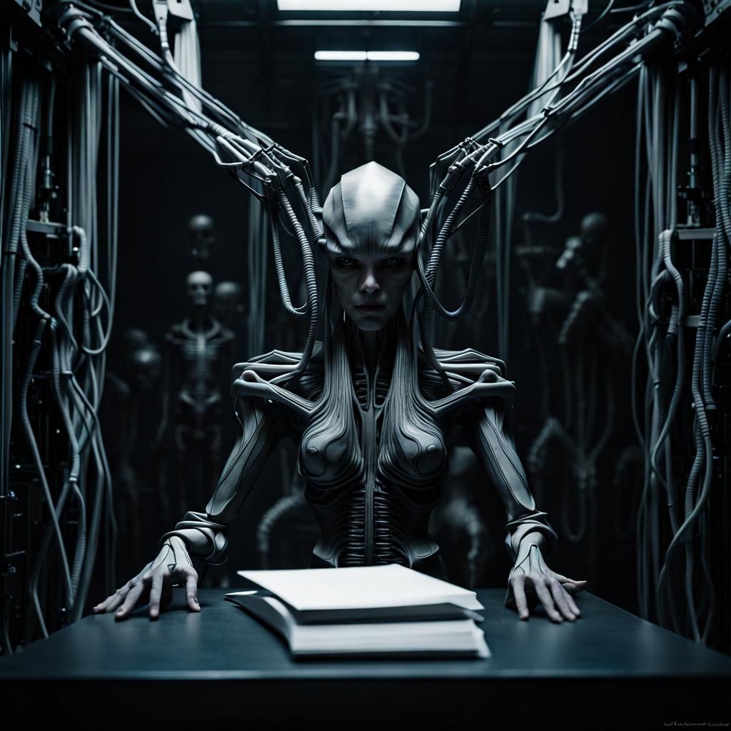 HR Giger Style Alien Portrait with 3D Tech