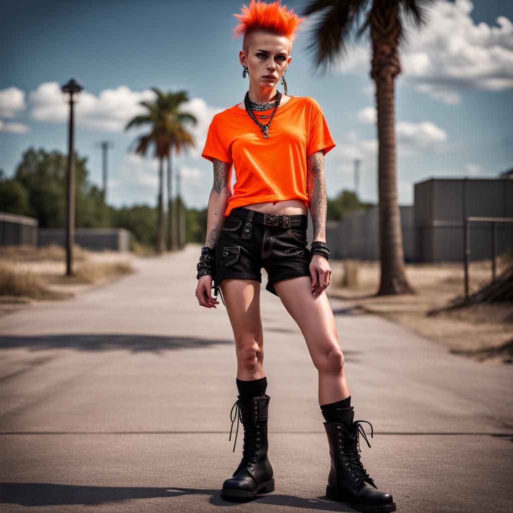 Hyperrealistic Punk Rocker in Neon Orange, Sharp Focus