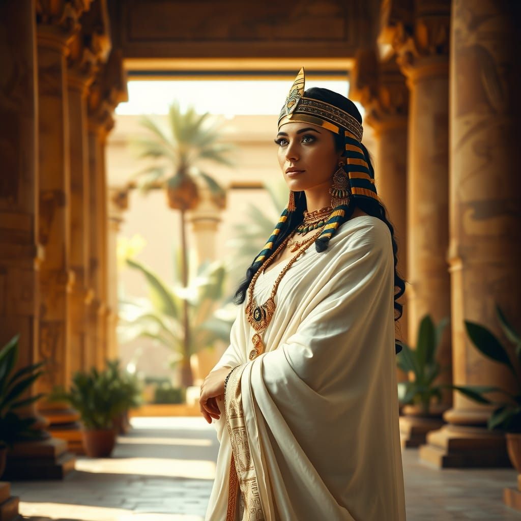 Egyptian Noblewoman in Golden Headdress and Ornate Jewelry