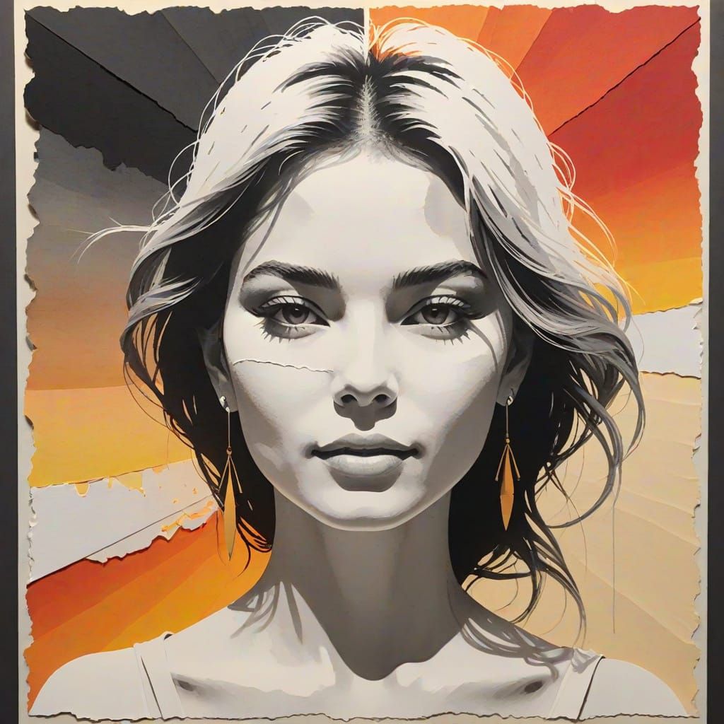 Woman in Sunset Glow with Collaged Sun Rays and Vintage Text...